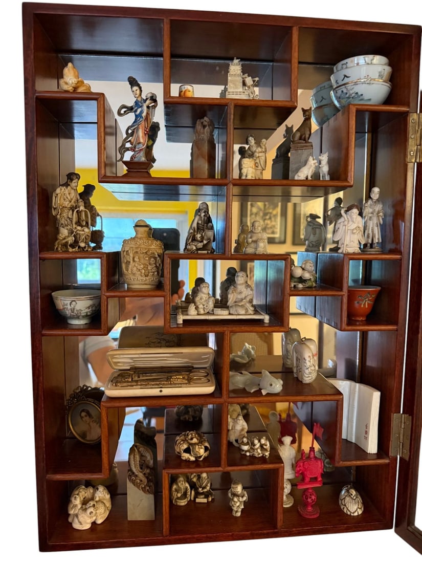 Asian Cabinet & Collection: Cabinet Full of Japanese Netsuke, Chinese carvings, Chinese Porcelains,: Asian Cabinet & Collection: Cabinet Full of Japanese Netsuke, Chinese carvings, Chinese Porcelains, Continental mini sewing set, miniature painting, small jade fish, 2 carved seals, plus more see pics