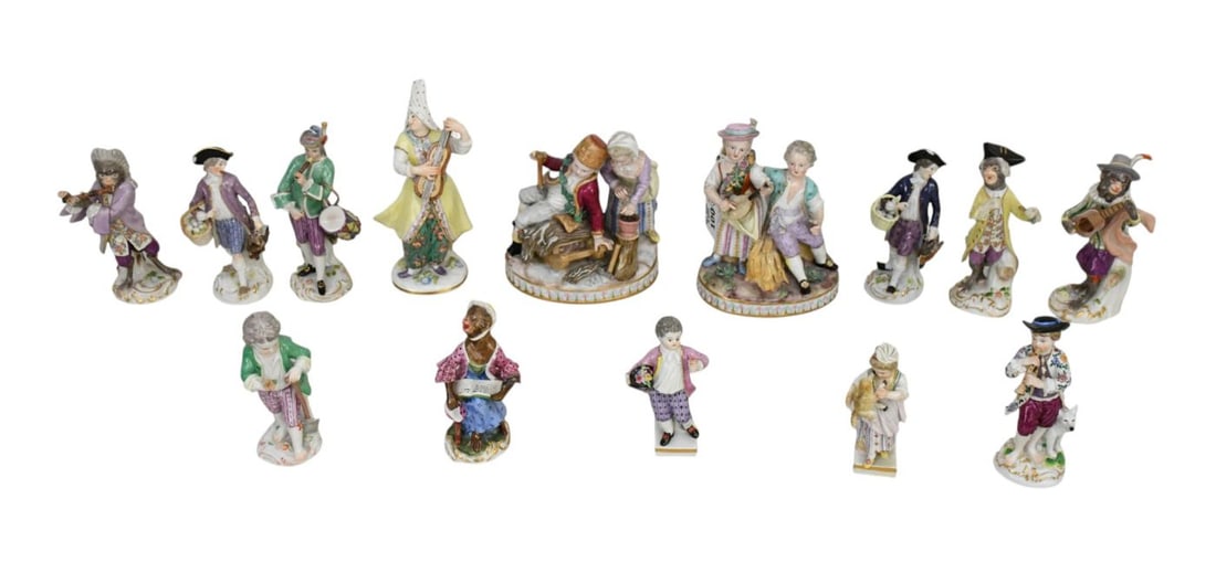 14 Meissen Porcelain Figures, 18th c. Tallest 7"h (each one with small chip or piece to instrument (1 of 19)