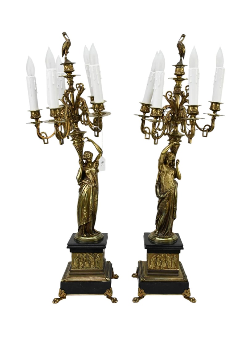 Pair Gilt Bronze Electrified 5 Branch Candelabra, Classical Figural Females, 31"h x 11"w (1 of 11)