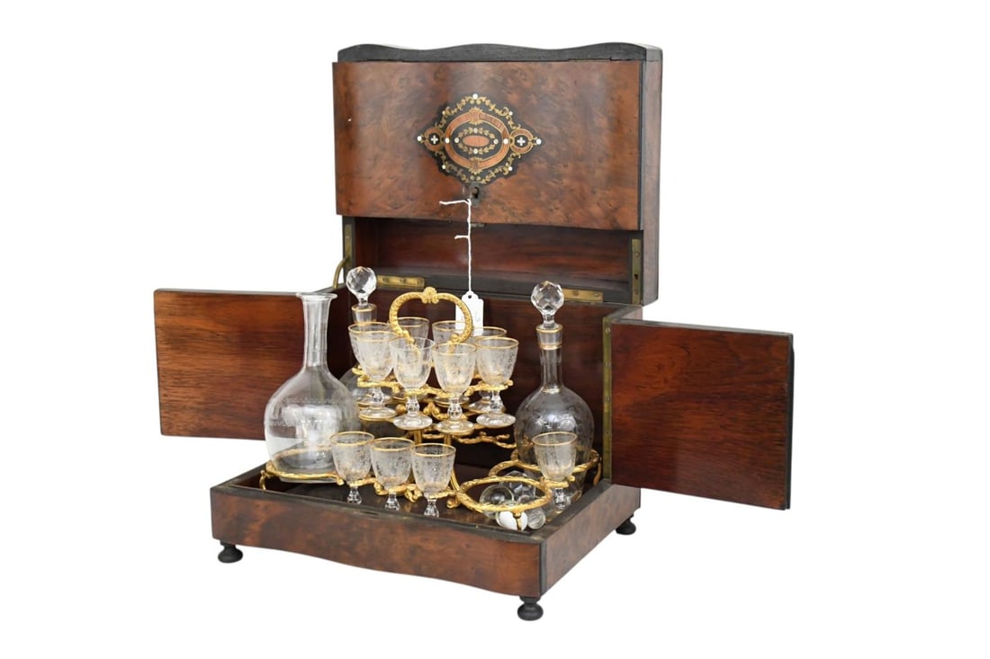 English Burled Wood 19th C. Tantalus with Marquetry and Mother of Pearl Cartouche, 13 matching (1 of 13)