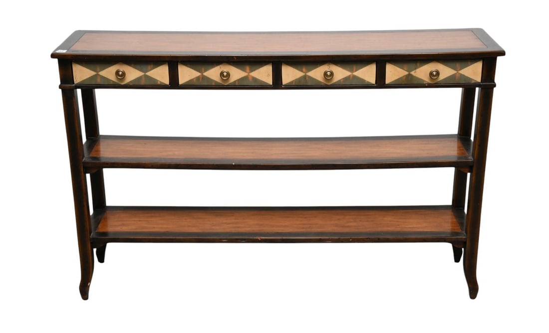 Mahogany Sofa Table, 4 Side By Side Drawers Over 2 Shelves, Ateliers de la Madeleine Label, 34"h x: Mahogany Sofa Table, 4 Side By Side Drawers Over 2 Shelves, Ateliers de la Madeleine Label, 34"h x 54"w x 13"d