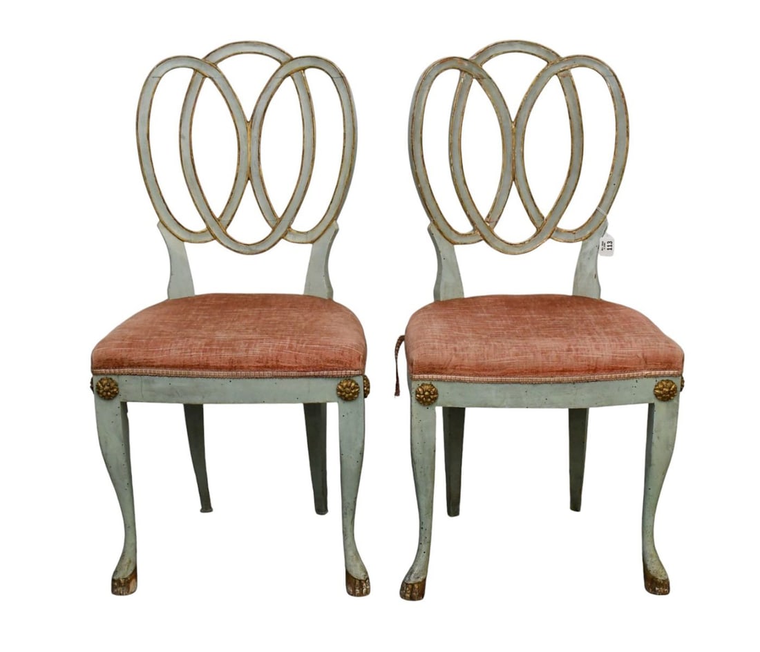 2 Painted 19th c. French Blue Side Chairs, 37"h x 18"w (as is upholstery): 2 Painted 19th c. French Blue Side Chairs, 37"h x 18"w (as is upholstery)