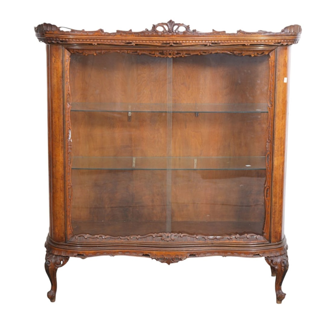 Walnut & Oak Carved Display Cabinet with Sliding Glass Door, 62"h x 51"w x 23"d (some roughage to: Walnut & Oak Carved Display Cabinet with Sliding Glass Door, 62"h x 51"w x 23"d (some roughage to top carving)