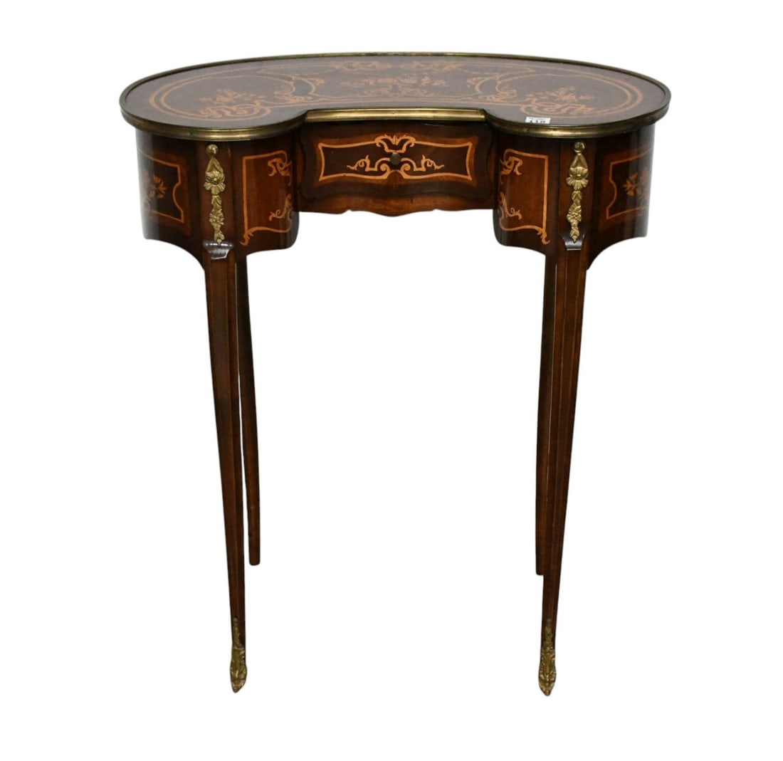 Diminutive Kidney Shape French Style Stand with Single Drawer and Marquetry Design Top, 28 1/2" x (1 of 5)
