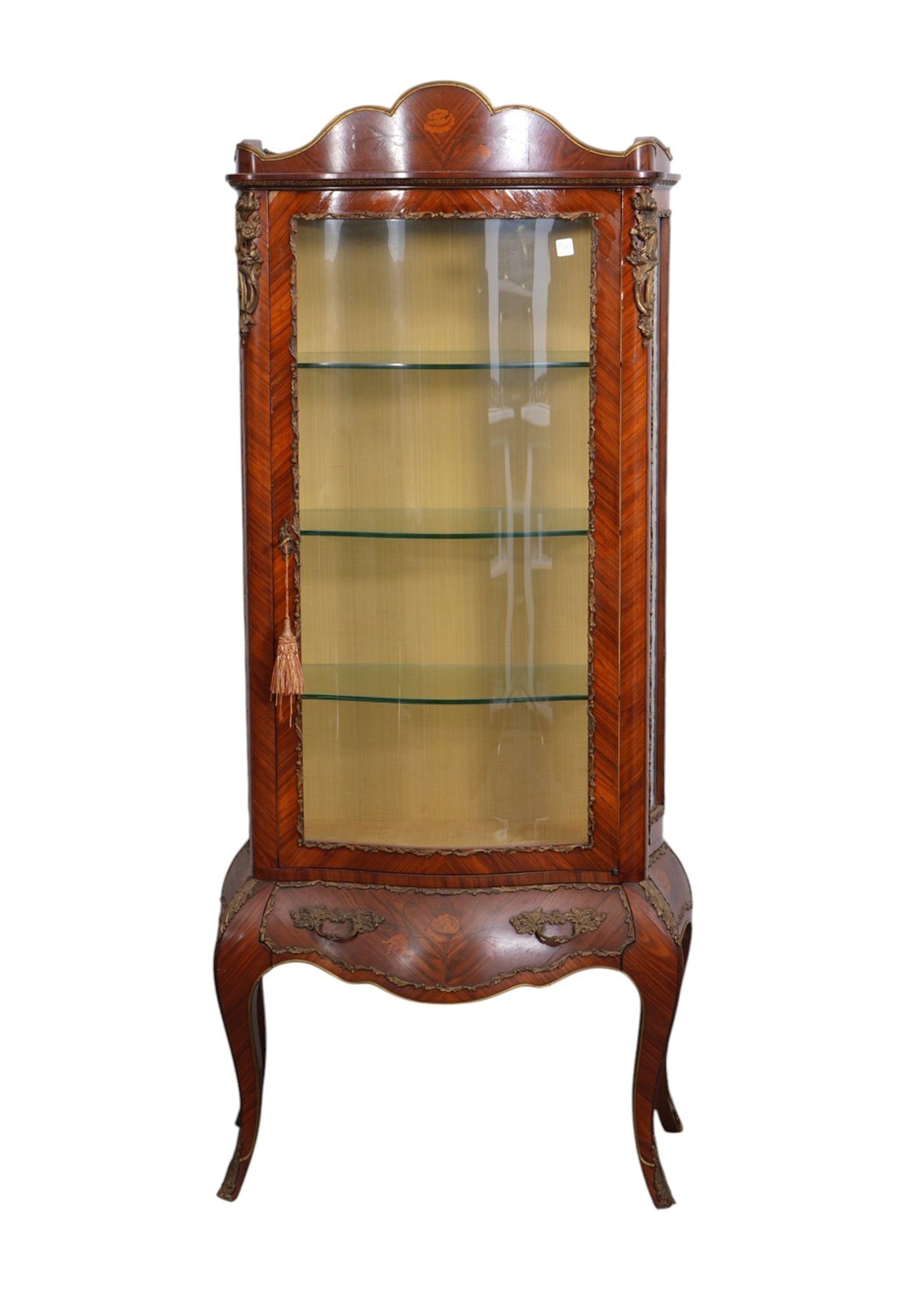 French Style Vitrine Marquetry Design, Serpentine Single Glass Door Over Bottom Drawer, Gilt Metal: French Style Vitrine Marquetry Design, Serpentine Single Glass Door Over Bottom Drawer, Gilt Metal Mounts on Cabriole Legs, 70"h x 30"w x 15"d