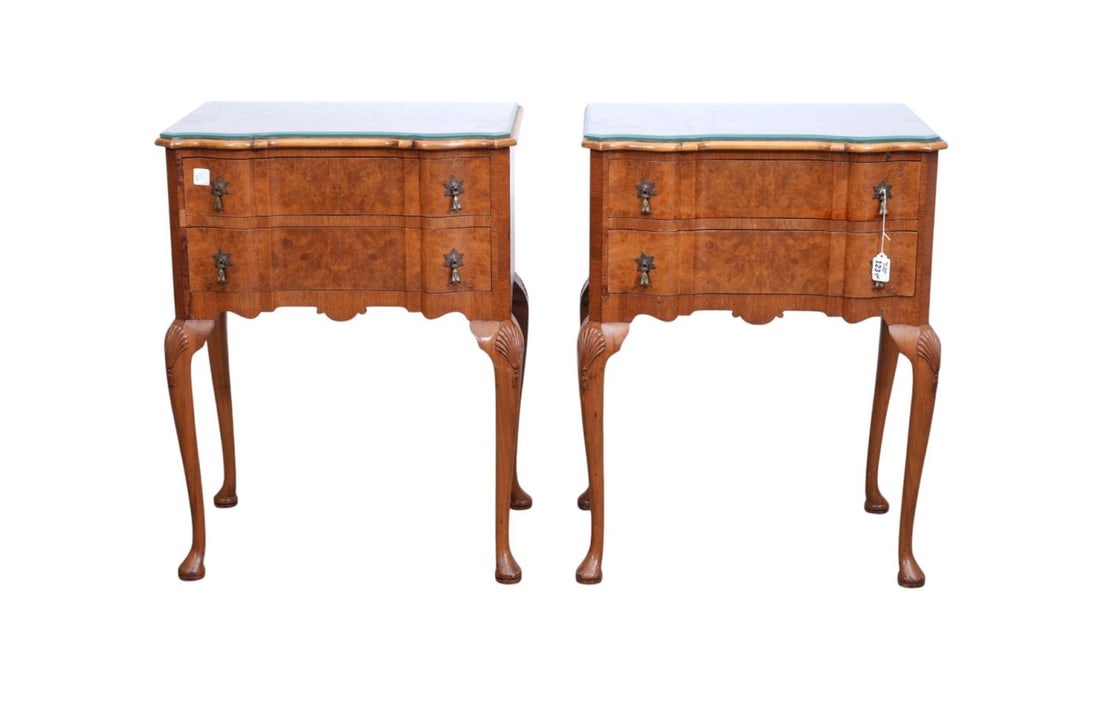 Pair Mastercraft Shaped Side Tables with Glass Tops, 2 Drawers, Raised on Cabriole Legs, 29"h x 22"w: Pair Mastercraft Shaped Side Tables with Glass Tops, 2 Drawers, Raised on Cabriole Legs, 29"h x 22"w x 15"d