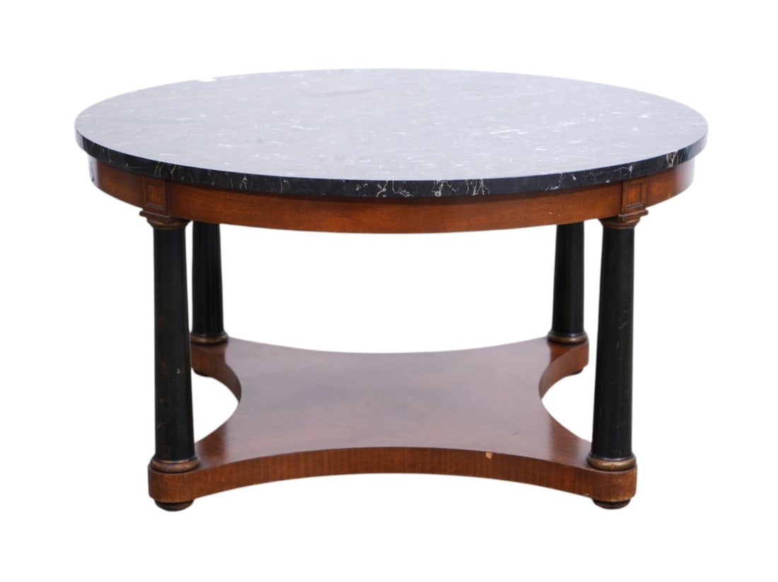 Mahogany Directoire Round Vintage Coffee Table with Black Pattern Marble Top 20"h x 37 1/2" d (1 of 4)