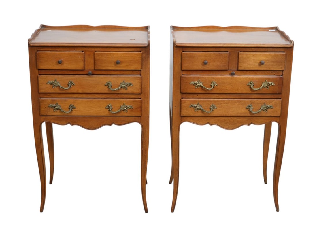 Pr. Lightwood Side Tables Gallery Rim over 2 Drawers With Slide & 2 Full Drawers, 29"h x 18"w x 12"d: Pr. Lightwood Side Tables Gallery Rim over 2 Drawers With Slide & 2 Full Drawers, 29"h x 18"w x 12"d