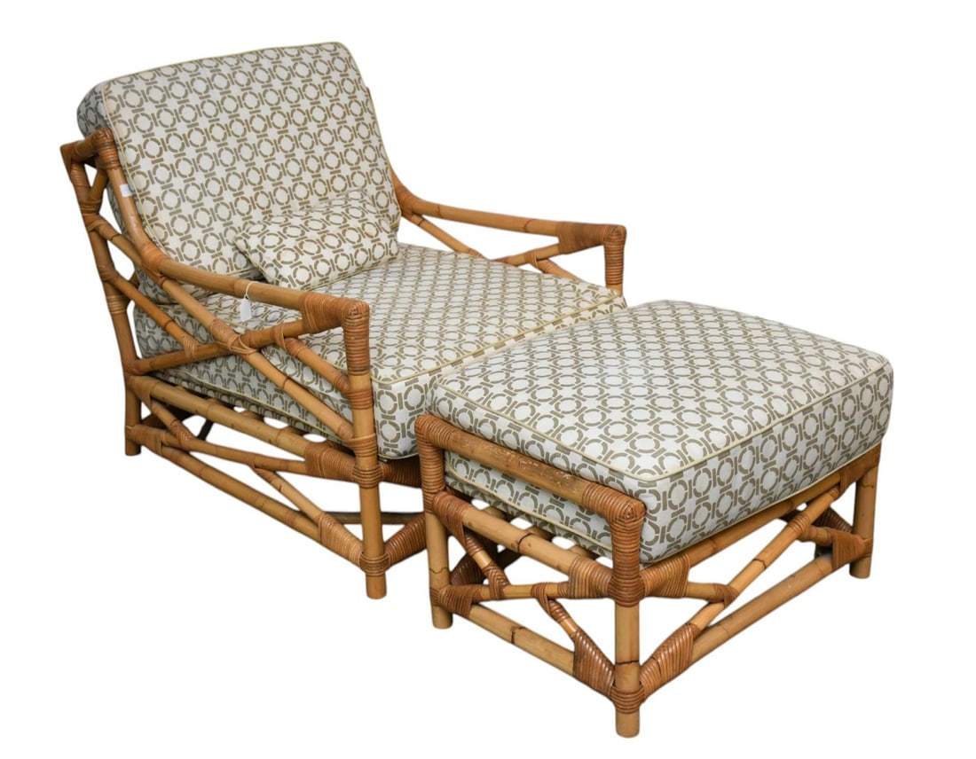 Oversized Vintage Rattan Armchair 36"h x 28"w x 30"d Ottoman, 18"h x 28"w x 19"d (as is (1 of 4)