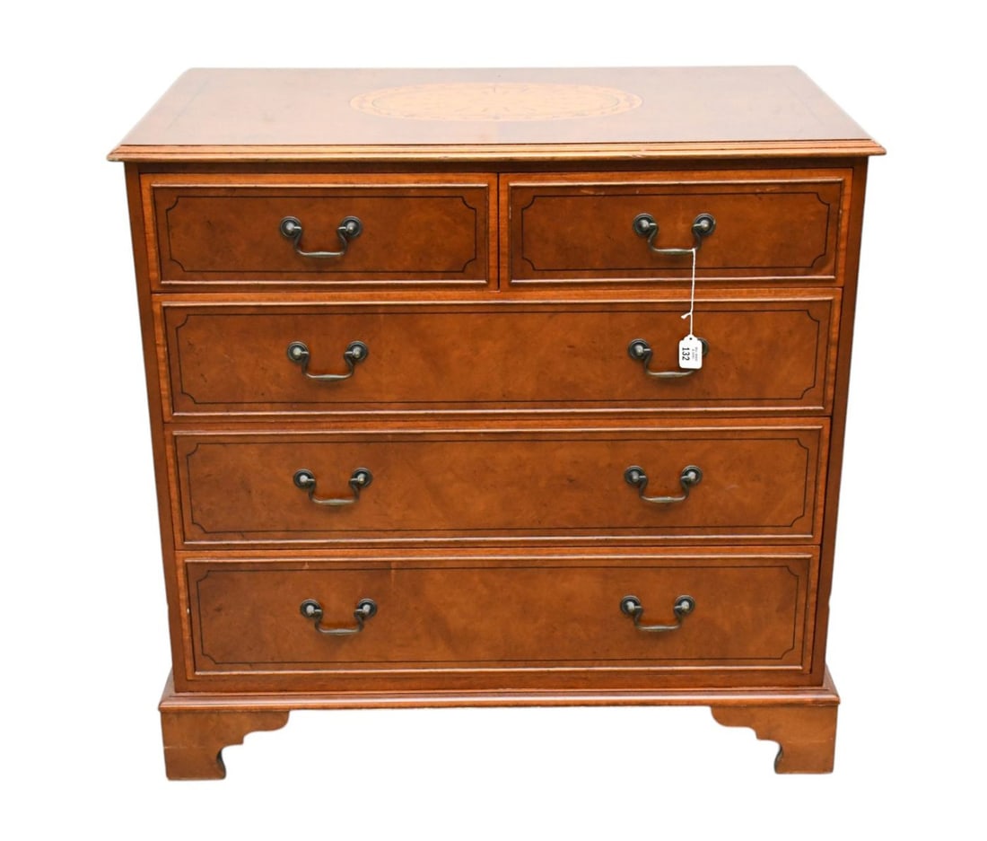 5 Drawer Chest with Marquetry Design Center Medallion, Hardware Stamped Willenhall, A. Lewis & Sons,: 5 Drawer Chest with Marquetry Design Center Medallion, Hardware Stamped Willenhall, A. Lewis & Sons, 36"h x 37"w x 21"d