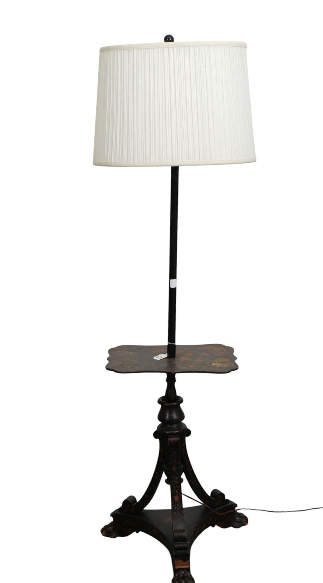 Antique Japan Style Floor Lamp with Chinoiserie Design Leading to Tri-Fed Pedestal Base, 63"h (shelf: Antique Japan Style Floor Lamp with Chinoiserie Design Leading to Tri-Fed Pedestal Base, 63"h (shelf has water stain)