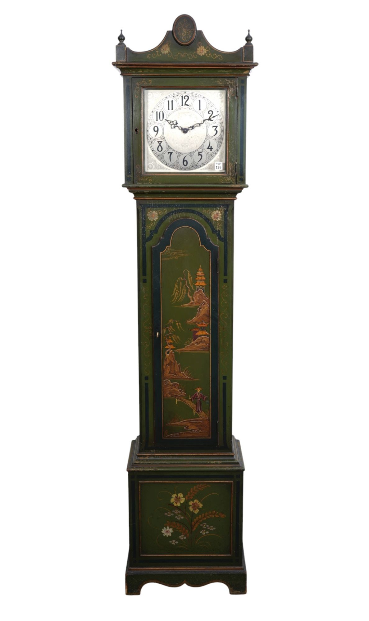 Tall Case Clock, Green with Chinoiserie Design, Early 20th c., 80"h x 18"w x 13"d (paint finish of: Tall Case Clock, Green with Chinoiserie Design, Early 20th c., 80"h x 18"w x 13"d (paint finish of hood as is)