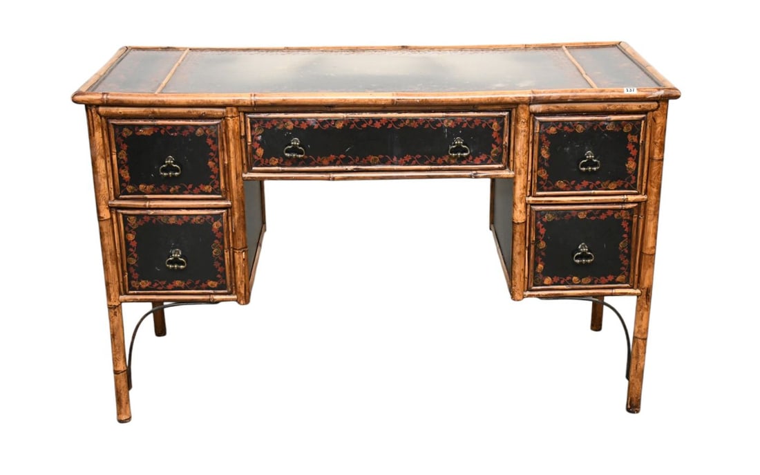English Bamboo Writing Desk, Single Drawer with 2 Drawers on Either Side, Chinoiserie Painted All (1 of 7)