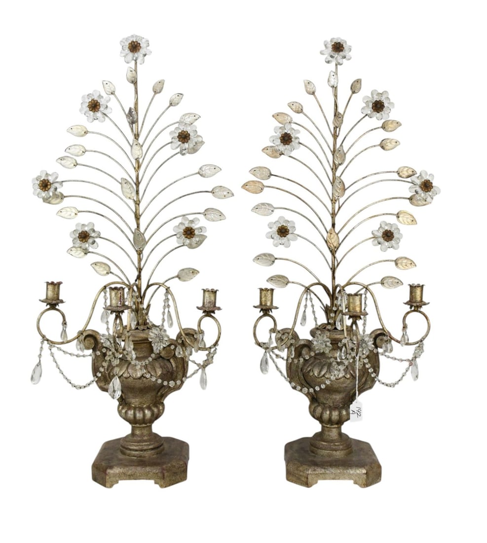 Pair Italian 3 Branch Candelabra, Silvered Urn Shape Form with Glass Beading & Flowers, 38"h x 17"w: Pair Italian 3 Branch Candelabra, Silvered Urn Shape Form with Glass Beading & Flowers, 38"h x 17"w