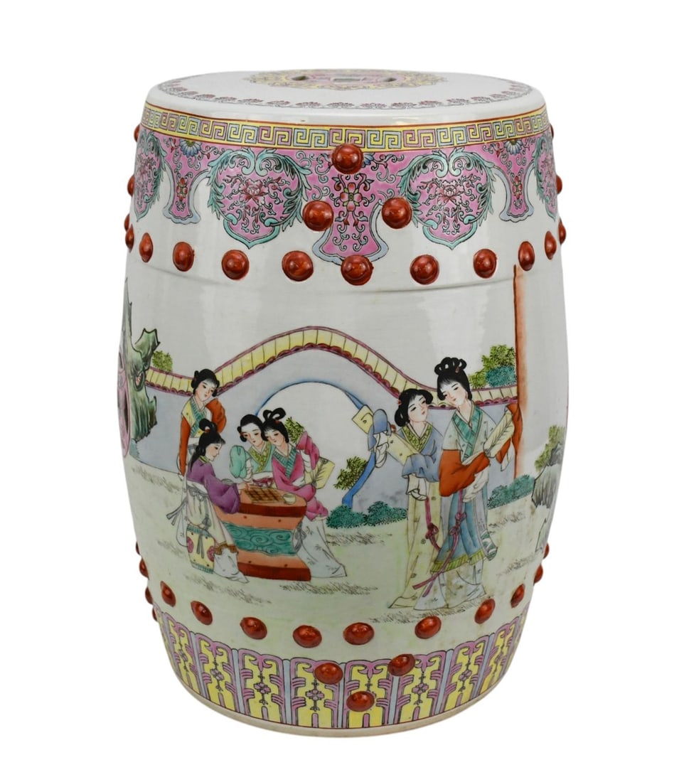 Chinese Garden Seat, Figures & Landscape on White Ground, 18 1/2"h x 11 1/2"dia (1 of 9)