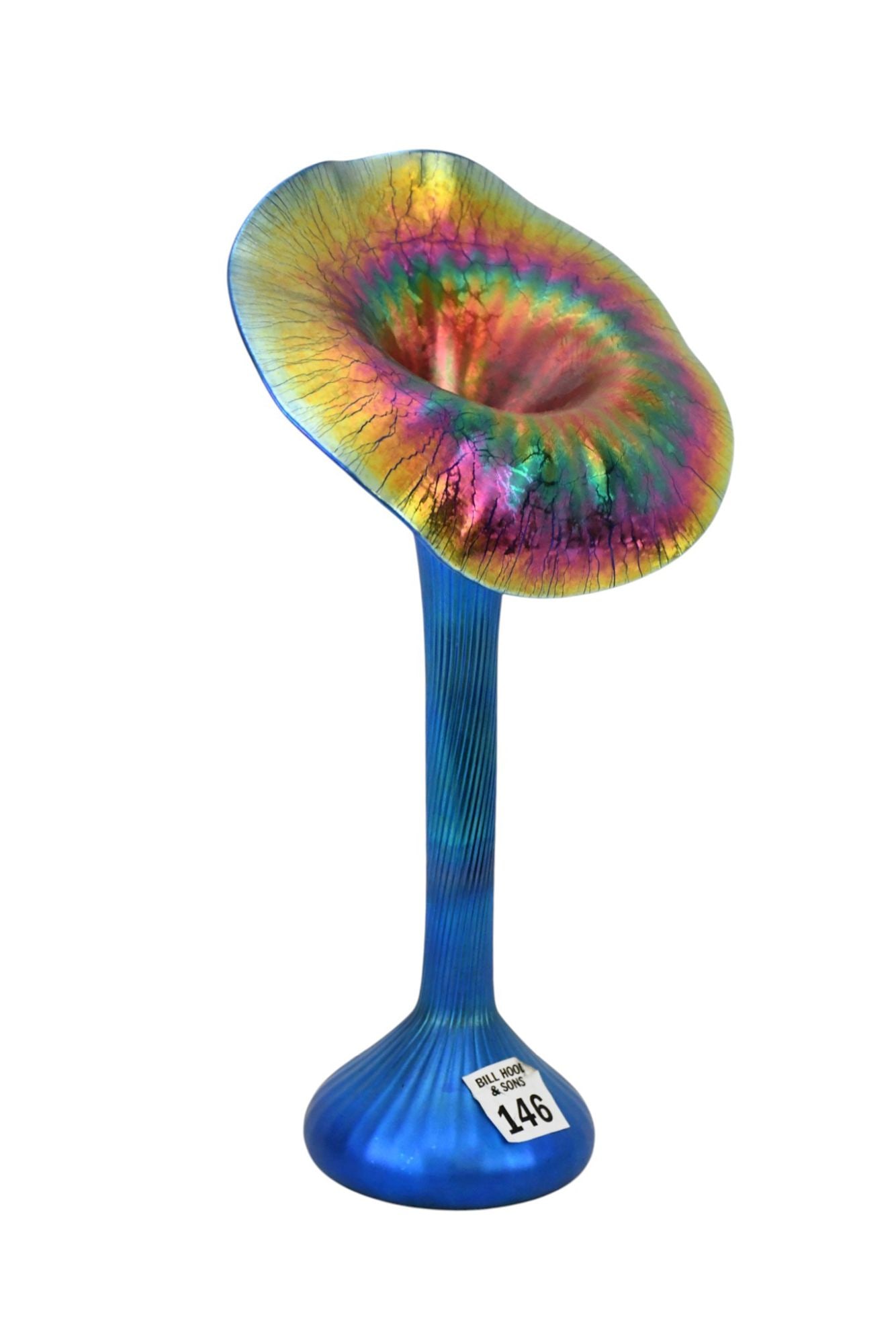 Lundberg Studios Art Glass Aurene Blue iridescent Jack in The Pulpit Vase, 12"h x 6 1/2'w x 14"w: Lundberg Studios Art Glass Aurene Blue iridescent Jack in The Pulpit Vase, 12"h x 6 1/2'w x 14"w