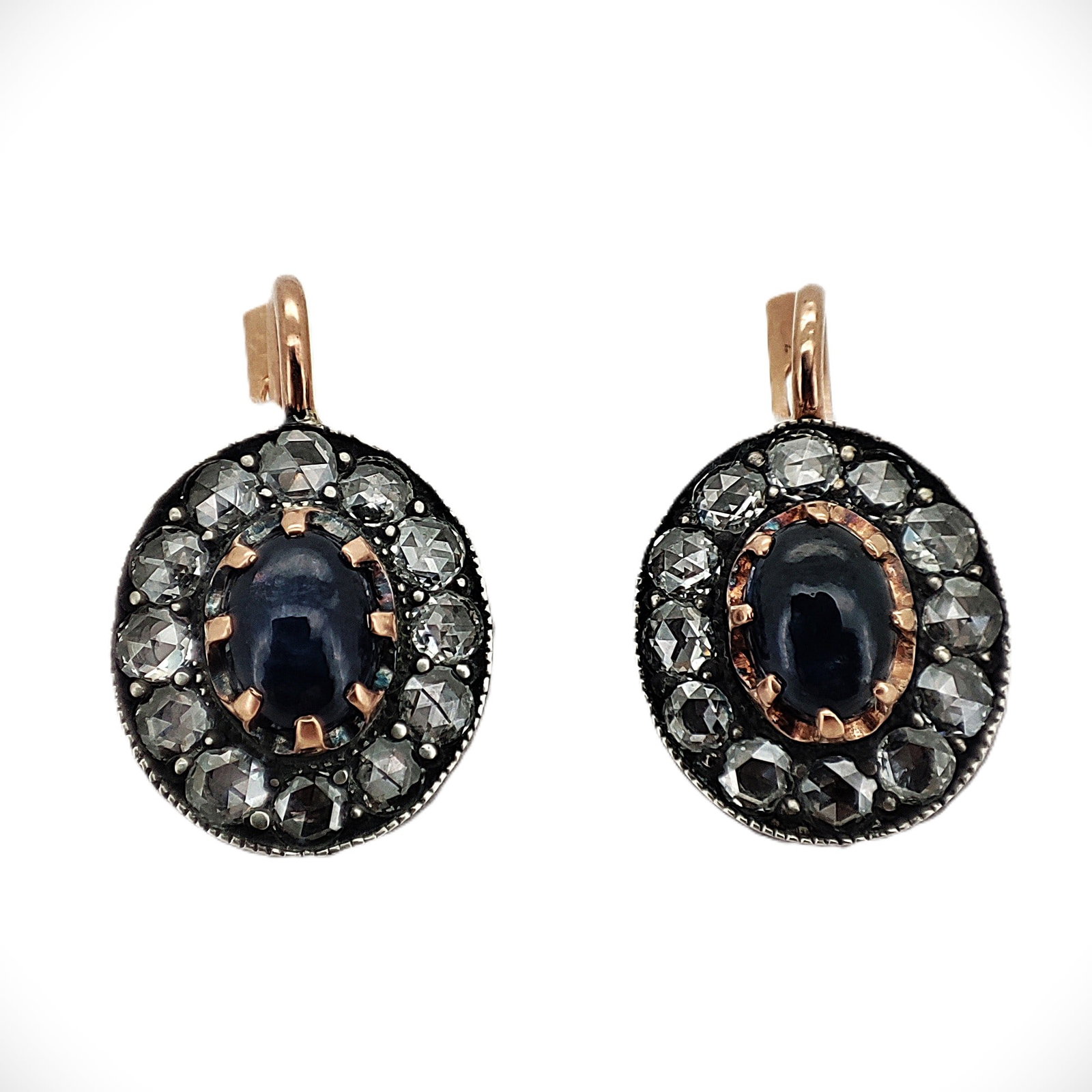 Vintage Imperial Art Deco Era 14 K Rose Gold Diamond Sapphire Earrings. Diamonds Approx. 1.00 Ct.: Vintage Imperial Art Deco Era 14 K Rose Gold Diamond Sapphire Earrings. Diamonds Approx. 1.00 Ct. Oval cabochon Sapphires Approx.3.0 Ct. Total weight: 4.9 grams. Dimensions: L 20..00 mm. W 12.73 mm. 5