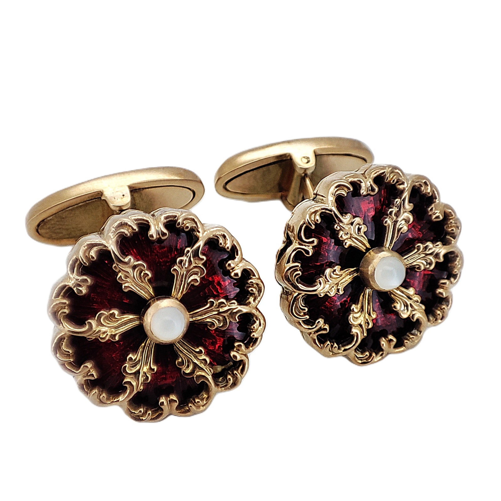 Vintage Imperial Faberge Era Gilded Silver Enamel Cufflinks. Enamel decorated with round cabochon: Vintage Imperial Faberge Era Gilded Silver Enamel Cufflinks. Enamel decorated with round cabochon Moonstone. Total weight: 14.4 grams. Dimensions: 18.0 x 18.0 mm. Russian hallmarks: 88 KF. Cyrillic.