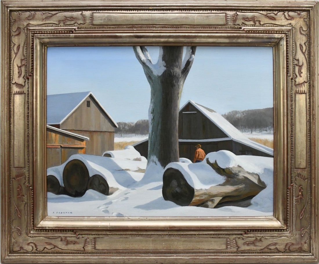 Alexander Farnham (AMERICAN 1926-2017) oil on canvas, Winter Farm Scene, Pitted Logs, Pittstown: Alexander Farnham (AMERICAN 1926-2017) oil on canvas, Winter Farm Scene, Pitted Logs, Pittstown Sawmill, canvas 18 x 24 overall framed size is 27-1/2 x 33-1/2 inches.