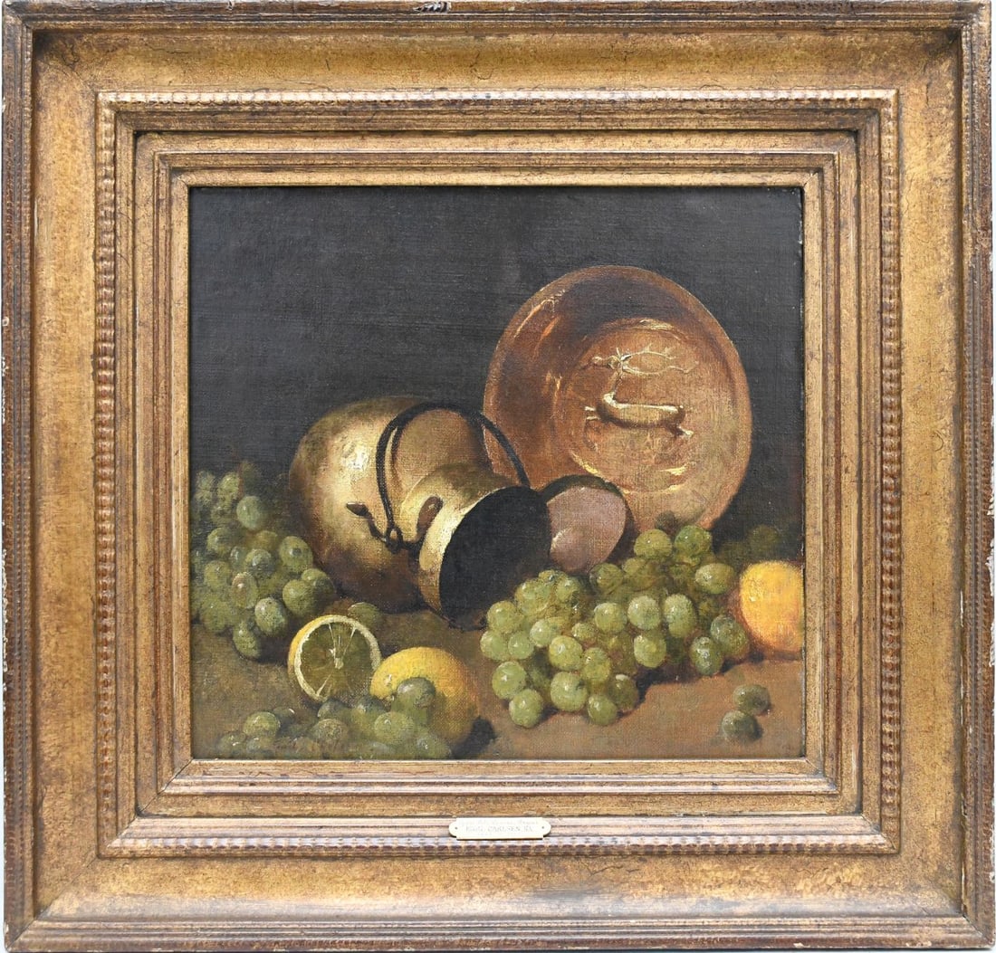 Emil Carlsen (American 1853–1932) oil on canvas laid on board, Still Life-Copper Pots, Lemons,: Emil Carlsen (American 1853–1932) oil on canvas laid on board, Still Life-Copper Pots, Lemons, Grapes. Painting size 15 x 16 inches. overall framed size is 23 x 24 inches. Sotheby's New York: