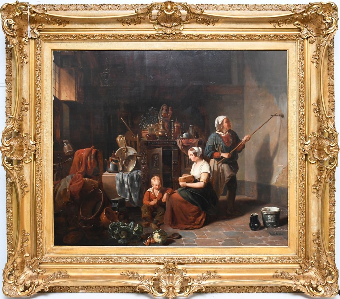 Eugene Battaille (FRENCH, 1817) oil on Panel ca. 1844. "A Break From Chores" Domestic Interior with: Eugene Battaille (FRENCH, 1817) oil on Panel ca. 1844. "A Break From Chores" Domestic Interior with Mother & Child. Signed, painting 31 x 36 inches, overall framed size is 44-1/2 x 50 inches.