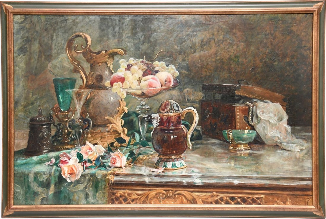 René Louis Chrétien (FRENCH, 1867–1942) Oil on canvas, Large highly detailed Still Life: Roses,: René Louis Chrétien (FRENCH, 1867–1942) Oil on canvas, Large highly detailed Still Life: Roses, fruits and jewelry on a marble top. canvas 27 x 42 inches (69 x 107 cm.) Overall framed size 31 x
