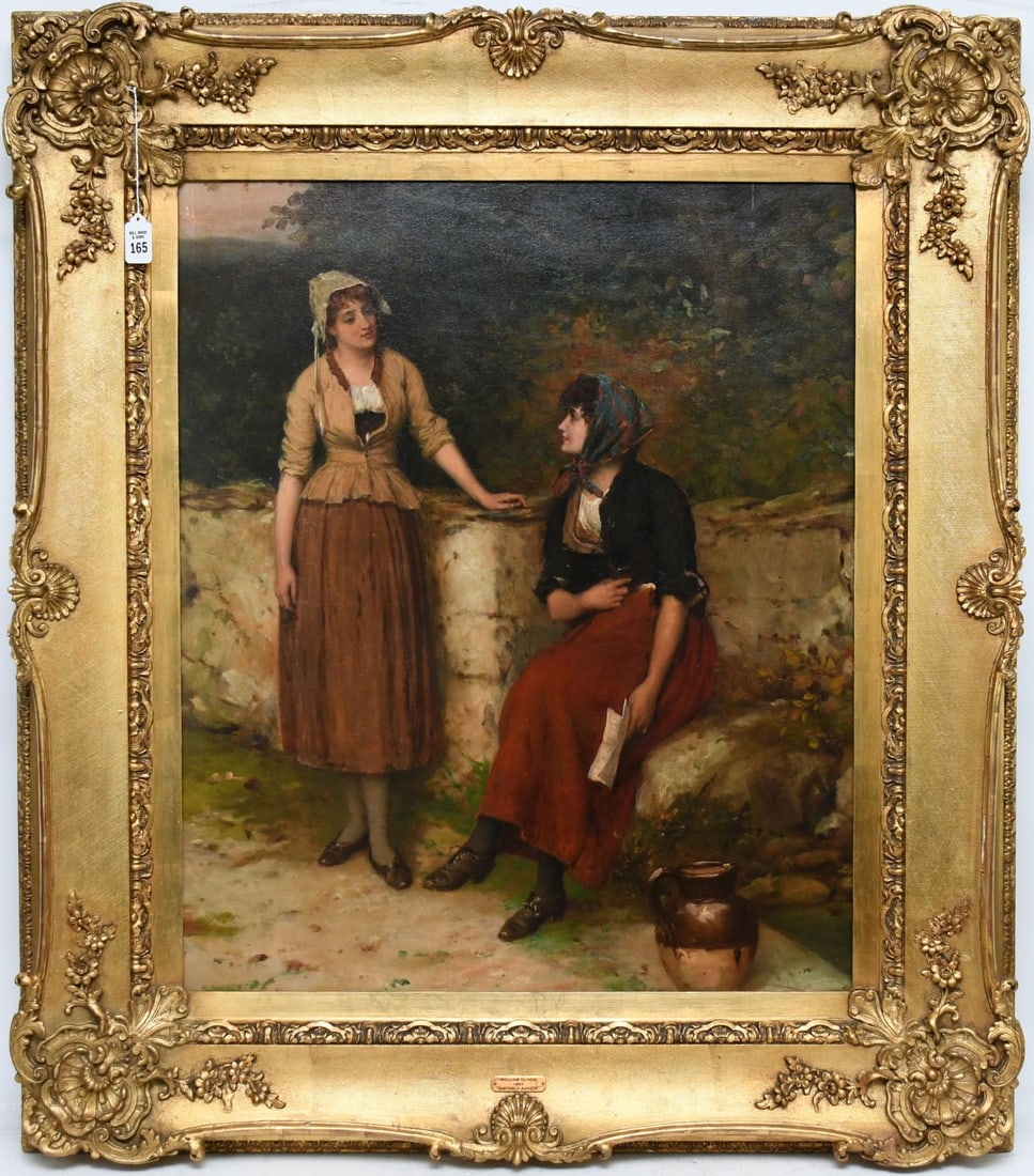 William Oliver the Younger (BRITISH, 1823–1901) oil on canvas, Sisterly Advice, inscribed and: William Oliver the Younger (BRITISH, 1823–1901) oil on canvas, Sisterly Advice, inscribed and dated 1887 lower left signed W Oliver, 36-1/2 x 28 inches ( Height 91.5 cm.; Width 70.8 cm.) overall fra