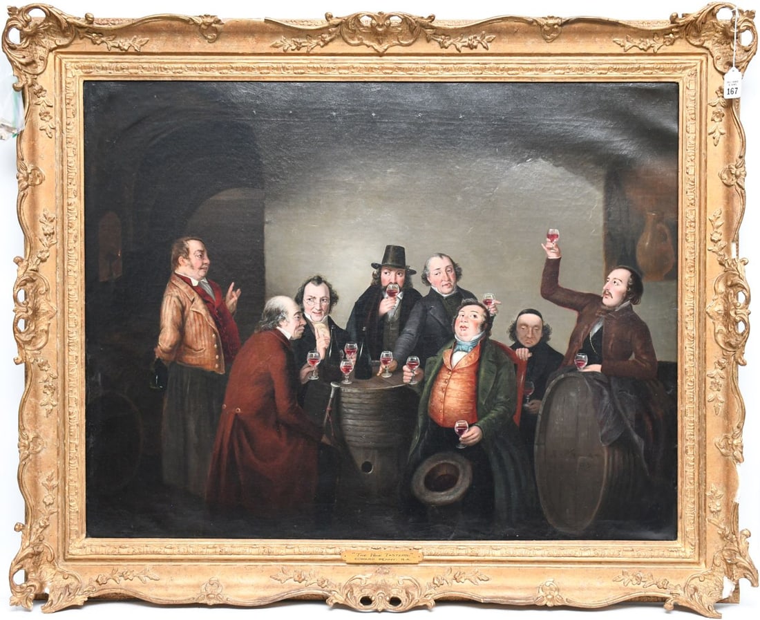 Edward Penny (BRITISH, 1714–1791) oil on canvas, The Wine Tasters Interior Scene. 36-1/2 x 28: Edward Penny (BRITISH, 1714–1791) oil on canvas, The Wine Tasters Interior Scene. 36-1/2 x 28 inches. overall framed size is 44 x 35 inches.