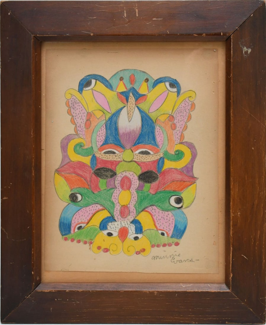 Attributed to: Minnie Evans (NC, 1892-1987) Untitled (Faces), Mixed Media pencil and crayon on (1 of 6)