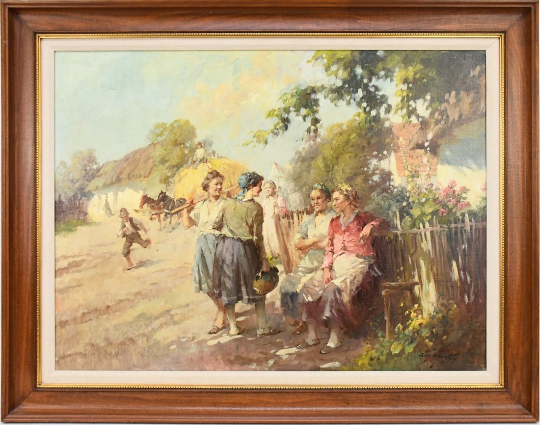 Antique oil on canvas painting, European Village ladies conversing and Horse and Hay, signed lower (1 of 5)