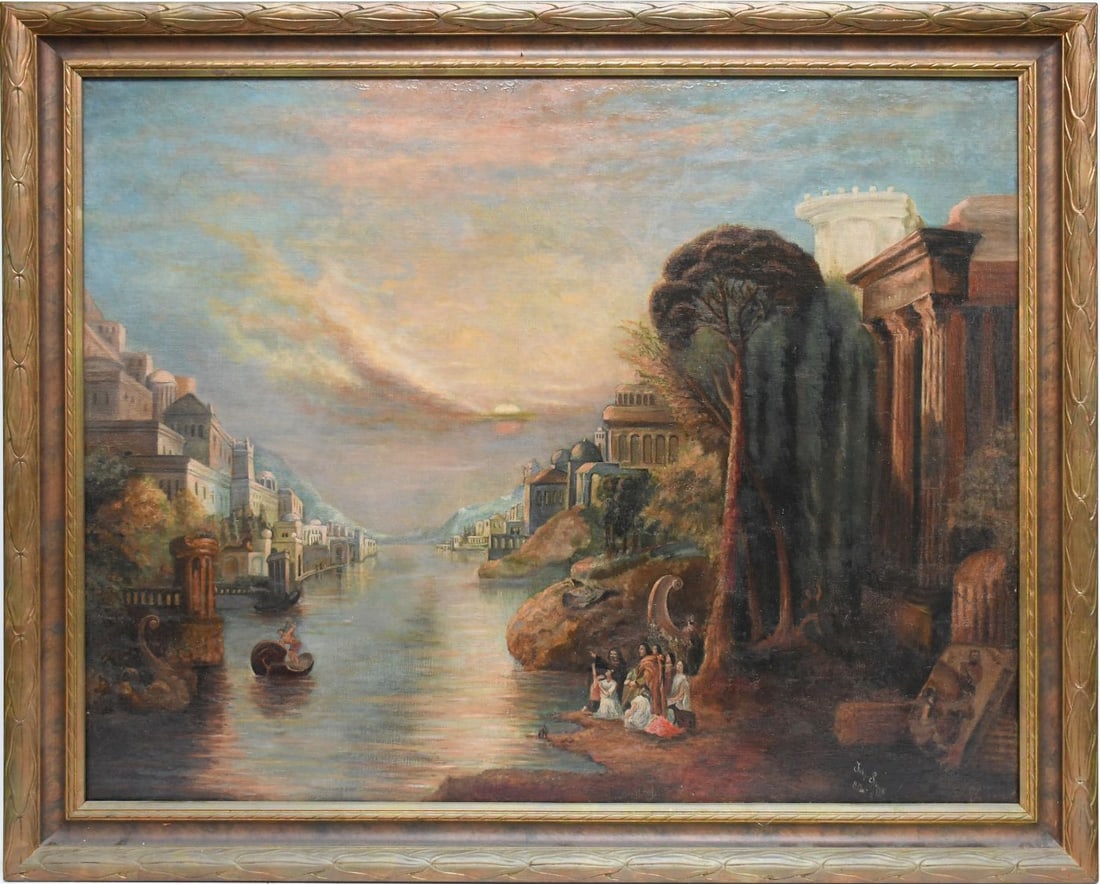 19th Century Continental School by John Schink, signed and dated 80. "Carthage" oil on relined: 19th Century Continental School by John Schink, signed and dated 80. "Carthage" oil on relined canvas, 32 x 40 inches overall framed size 37-1/2 x 46 inches