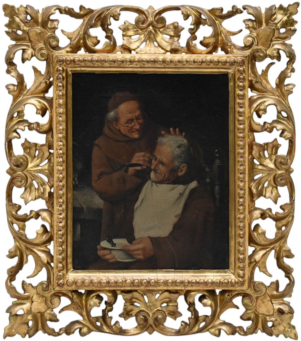 19th Century Italian School, oil on canvas, A Close Shave- Monks shaving, painting size 9-1/2 x 8: 19th Century Italian School, oil on canvas, A Close Shave- Monks shaving, painting size 9-1/2 x 8 inches gilt carved wood Florentine frame 15-1/2 x 13-1/2 inches.
