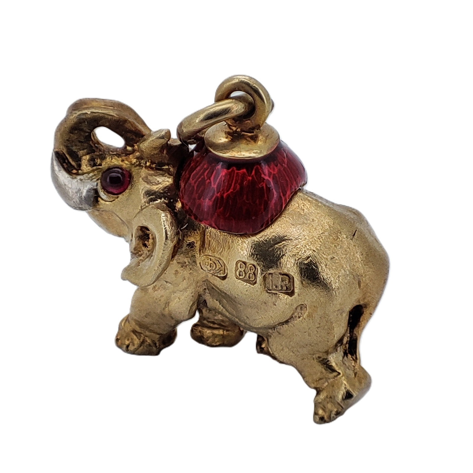 Vintage Imperial Faberge Era Gilded Silver Enamel Elephant Pendant. Total weight: 11.5 grams.: Vintage Imperial Faberge Era Gilded Silver Enamel Elephant Pendant. Total weight: 11.5 grams. Dimensions: L 22.35 mm W 10.58 mm. H 18.83 mm. Russian hallmarks: 88 KF IP Cyrillic.