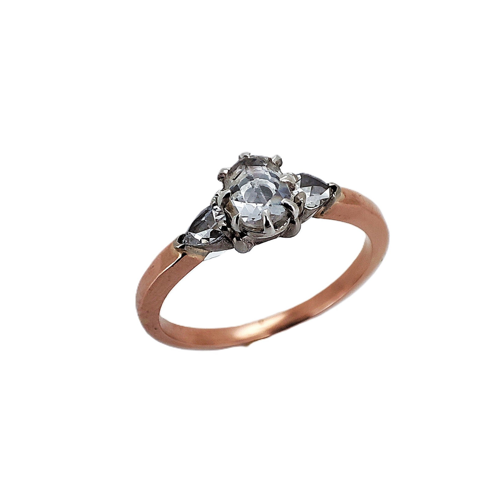 Vintage Russian two-tone 14k Rose and White gold diamond Engagement ring featuring an approx. 0.90: Vintage Russian two-tone 14k Rose and White gold diamond Engagement ring featuring an approx. 0.90 Ct Old Diamonds. Total weight. 2.7 grams. Russian hallmarks: 56.