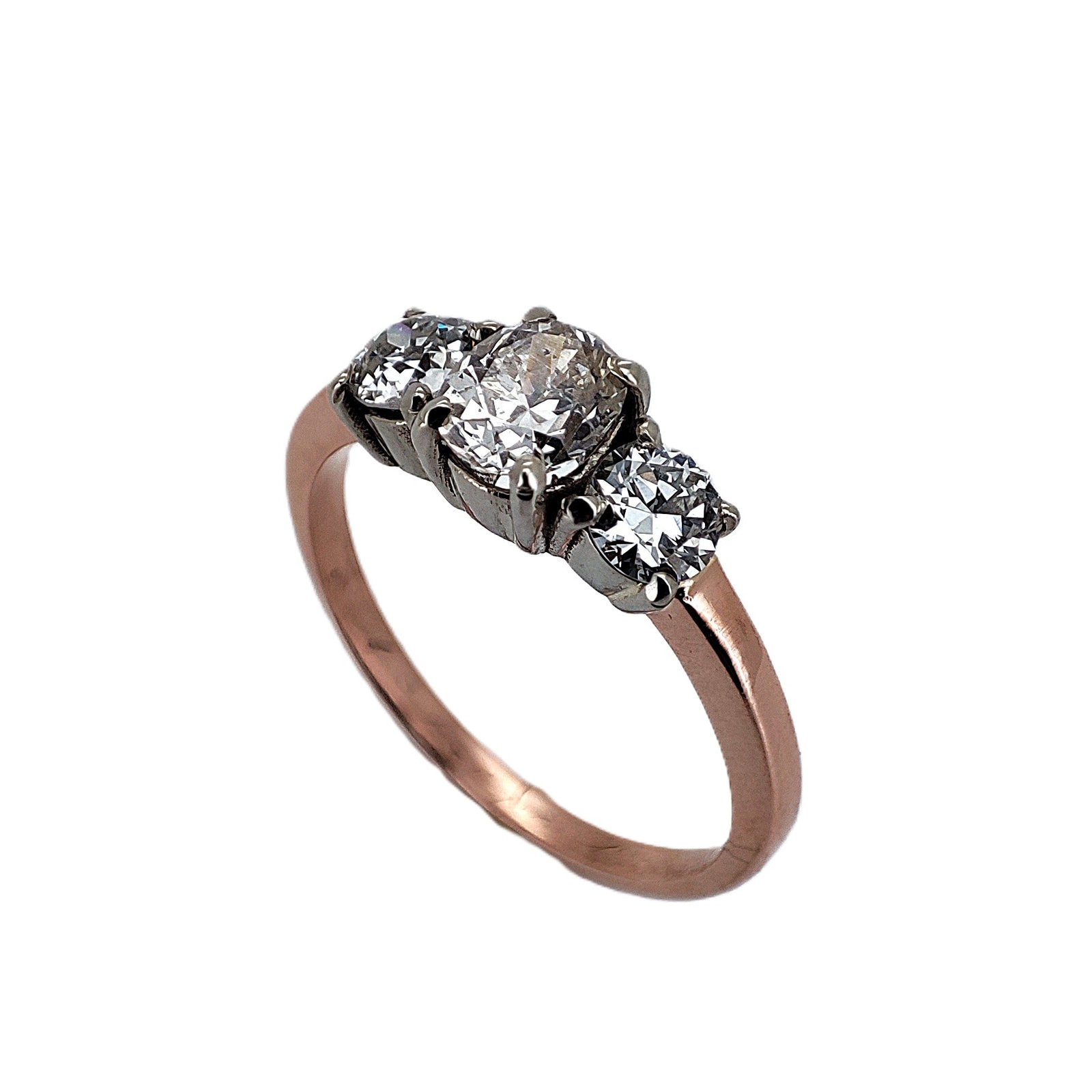 Vintage Russian two-tone 14k Rose and White gold diamond Engagement ring featuring an approx. 1.30: Vintage Russian two-tone 14k Rose and White gold diamond Engagement ring featuring an approx. 1.30 Ct Old Diamonds. Total weight. 2.7 grams. Russian hallmarks: 56.