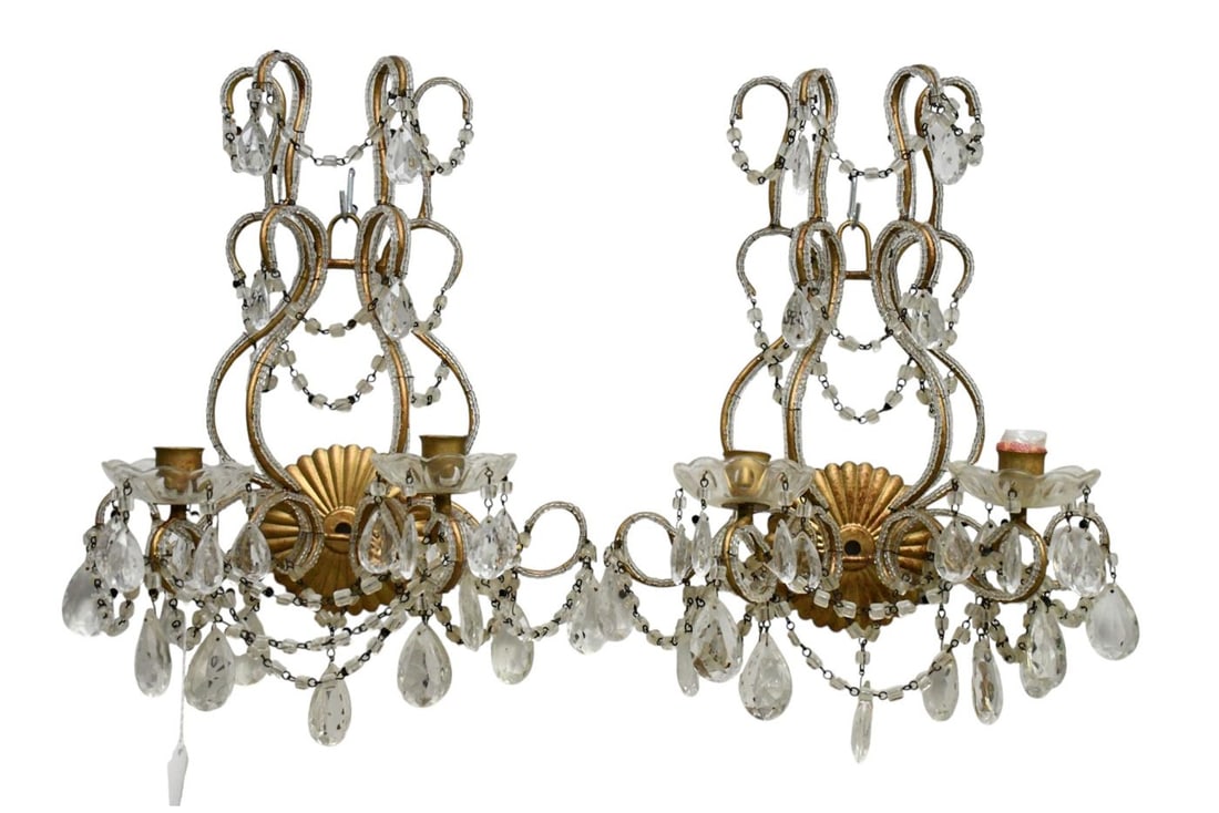 Pair Beaded & Crystal Double Branch Wall Sconces, 14"h x 14"w: Pair Beaded & Crystal Double Branch Wall Sconces, 14"h x 14"w