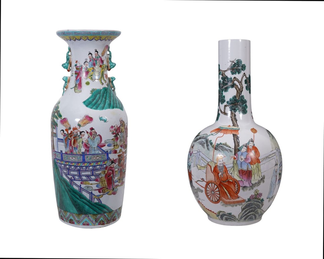 2 Chinese Oversized Vases Depicting Figures in Ceremonial Scenes with Rose Medallion Coloring, 23"h (1 of 14)