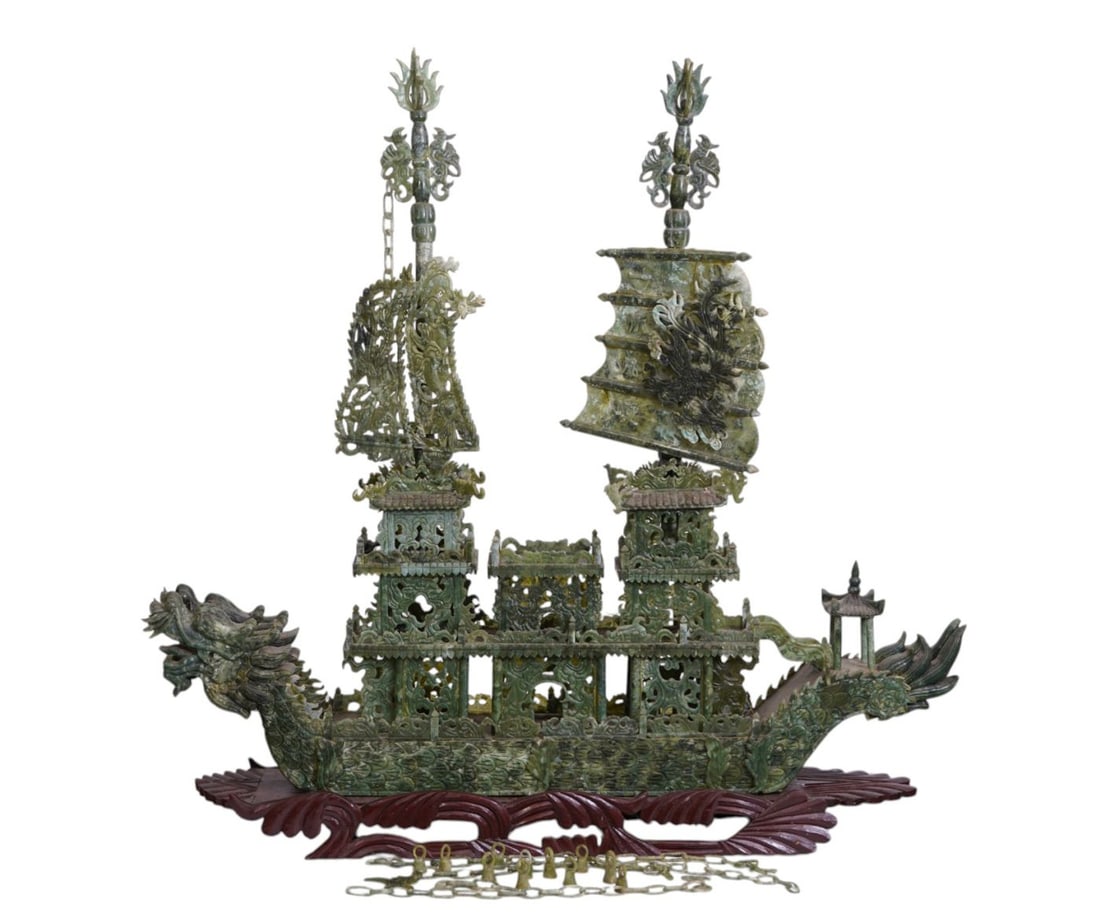 Chinese Jade Carved Ship Sits in Fitted Base, 23"h x 45"w x 7"d: Chinese Jade Carved Ship Sits in Fitted Base, 23"h x 45"w x 7"d