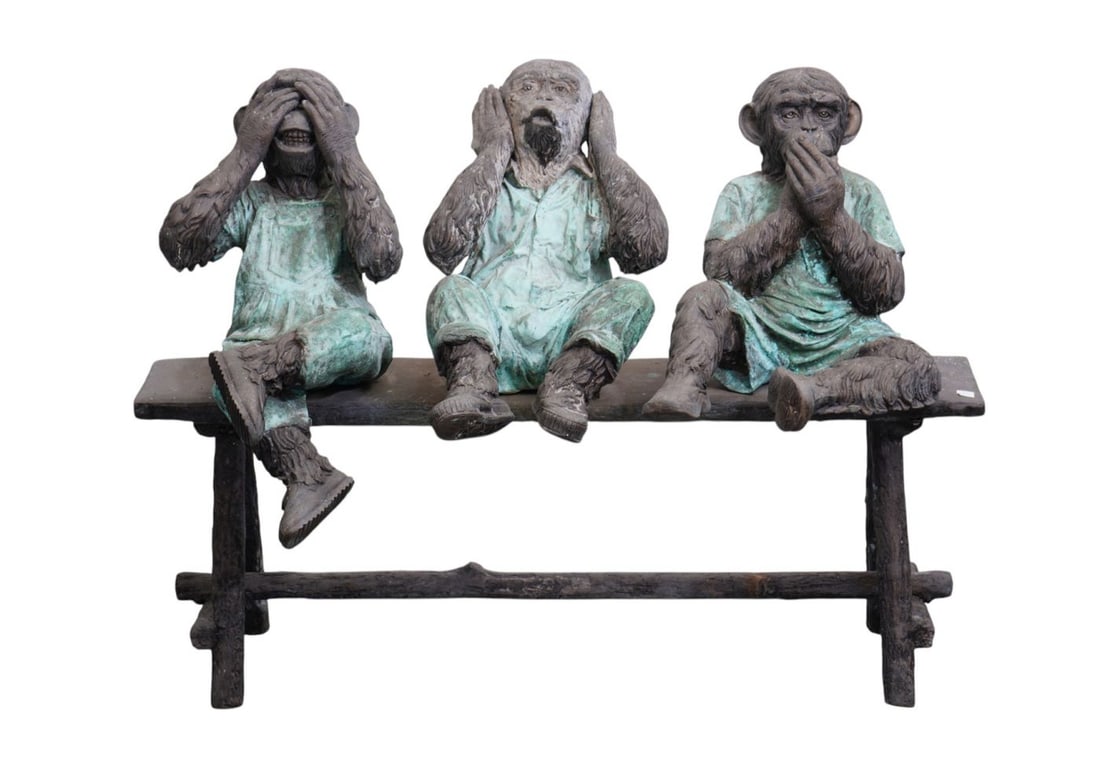 3 Bronze Monkey Figures on Bronze Bench, See No Evil, Hear No Evil, Speak No Evil, 38"h x 49"w (1 of 7)