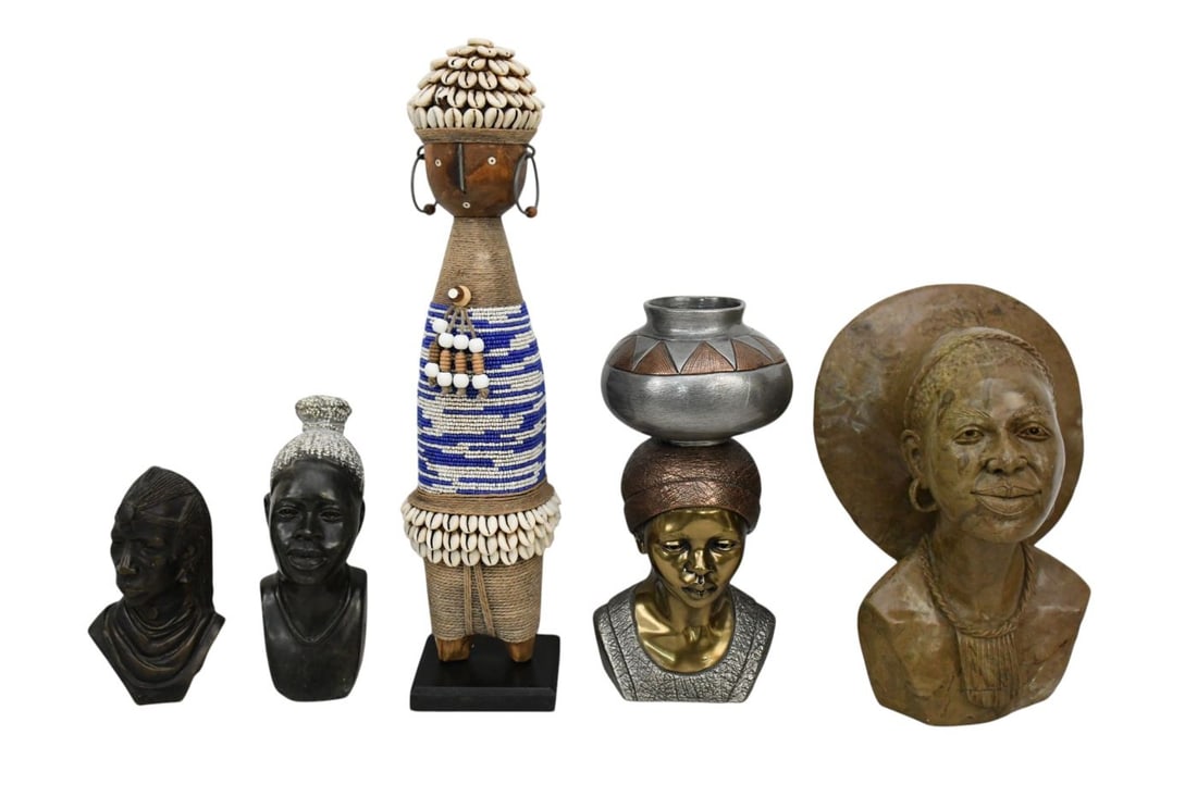 4 Assorted Nubian Busts, Assorted Mediums & One African Carved Wood Figure (1 of 8)