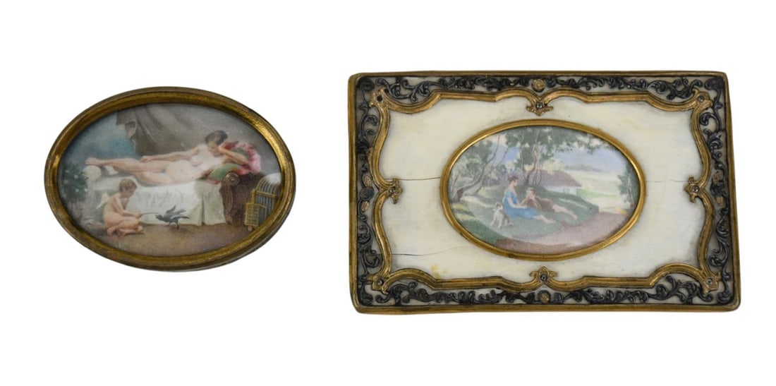 2 Miniature Paintings, One Signed Illegibly in Gilded Silver Frame & One Classical Nude with No: 2 Miniature Paintings, One Signed Illegibly in Gilded Silver Frame & One Classical Nude with No apparent Signature
