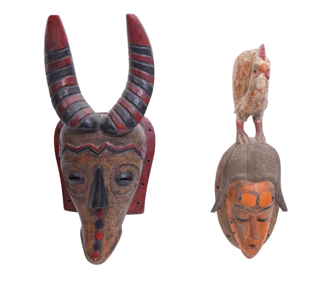 2 Hand Carved in Malawi African Tribal Masks, 22"h x 9"w: 2 Hand Carved in Malawi African Tribal Masks, 22"h x 9"w
