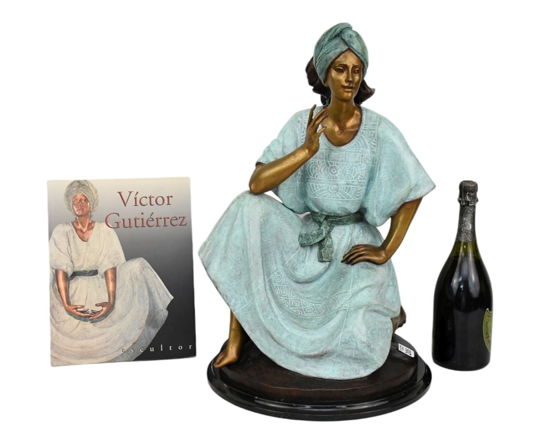 Bronze Seated Woman Sculpture, Mexican Artist Victor Gutierrez, "Mujer Sentada" Signed Victor: Bronze Seated Woman Sculpture, Mexican Artist Victor Gutierrez, "Mujer Sentada" Signed Victor Gutierrez 89', 23"h x 15"w AND Book