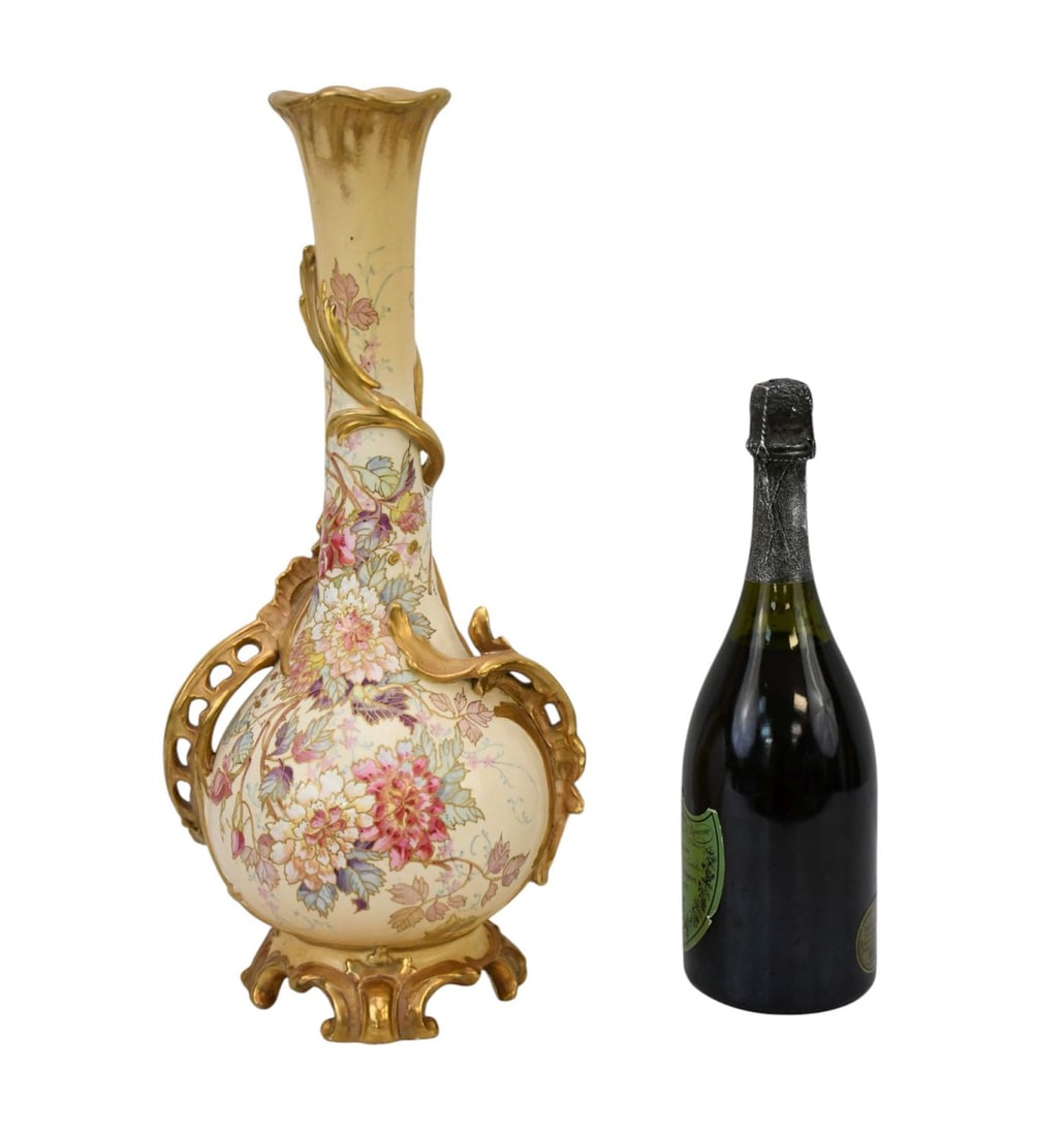 Royal Bonn Antique Porcelain Vase, Bottle Neck with Gilded Accents & Floral Painted Design, 18"h x: Royal Bonn Antique Porcelain Vase, Bottle Neck with Gilded Accents & Floral Painted Design, 18"h x 8"w