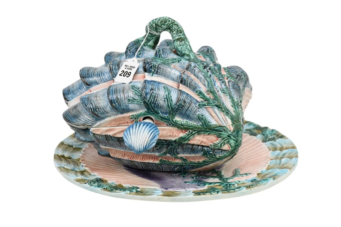 4 Pc. Italian Ceramic Tureen in Shell Form, Blues, Pink & Green, 9"h x 12"w x Tureen, 15"dia (1 of 6)