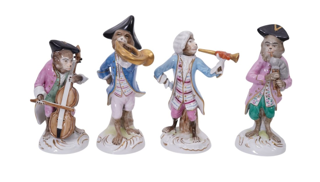 4 Pcs. German Meissen Porcelain Monkey Band, 5 1/2"h tallest (1 of 6)