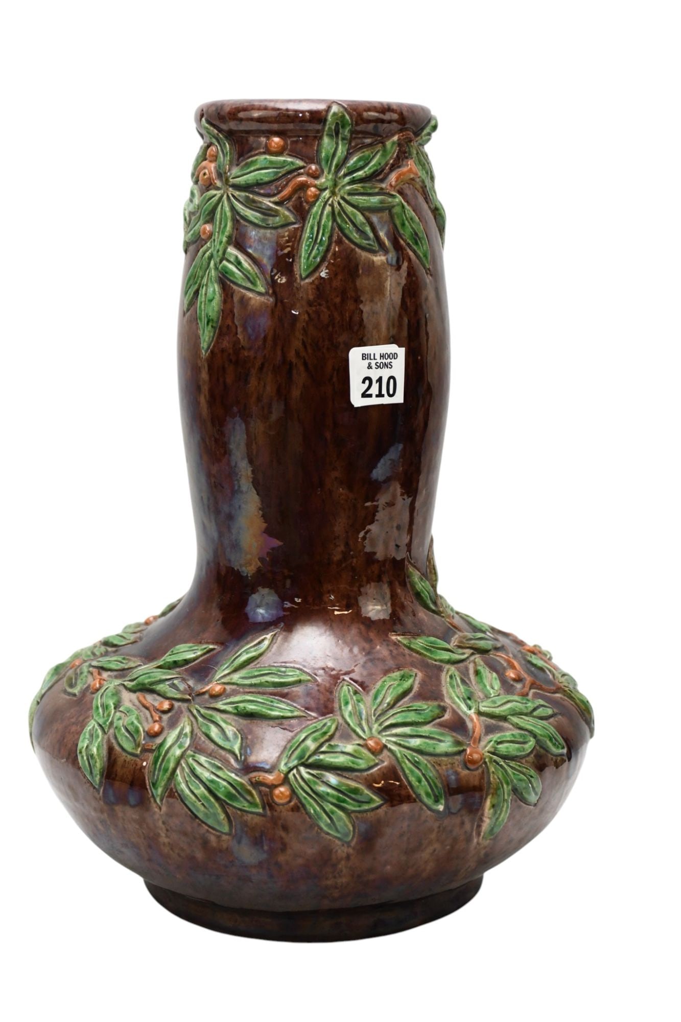 Pottery Vase, Majolica Brown Glaze with Holly Berries, 15"h x 12"w: Pottery Vase, Majolica Brown Glaze with Holly Berries, 15"h x 12"w