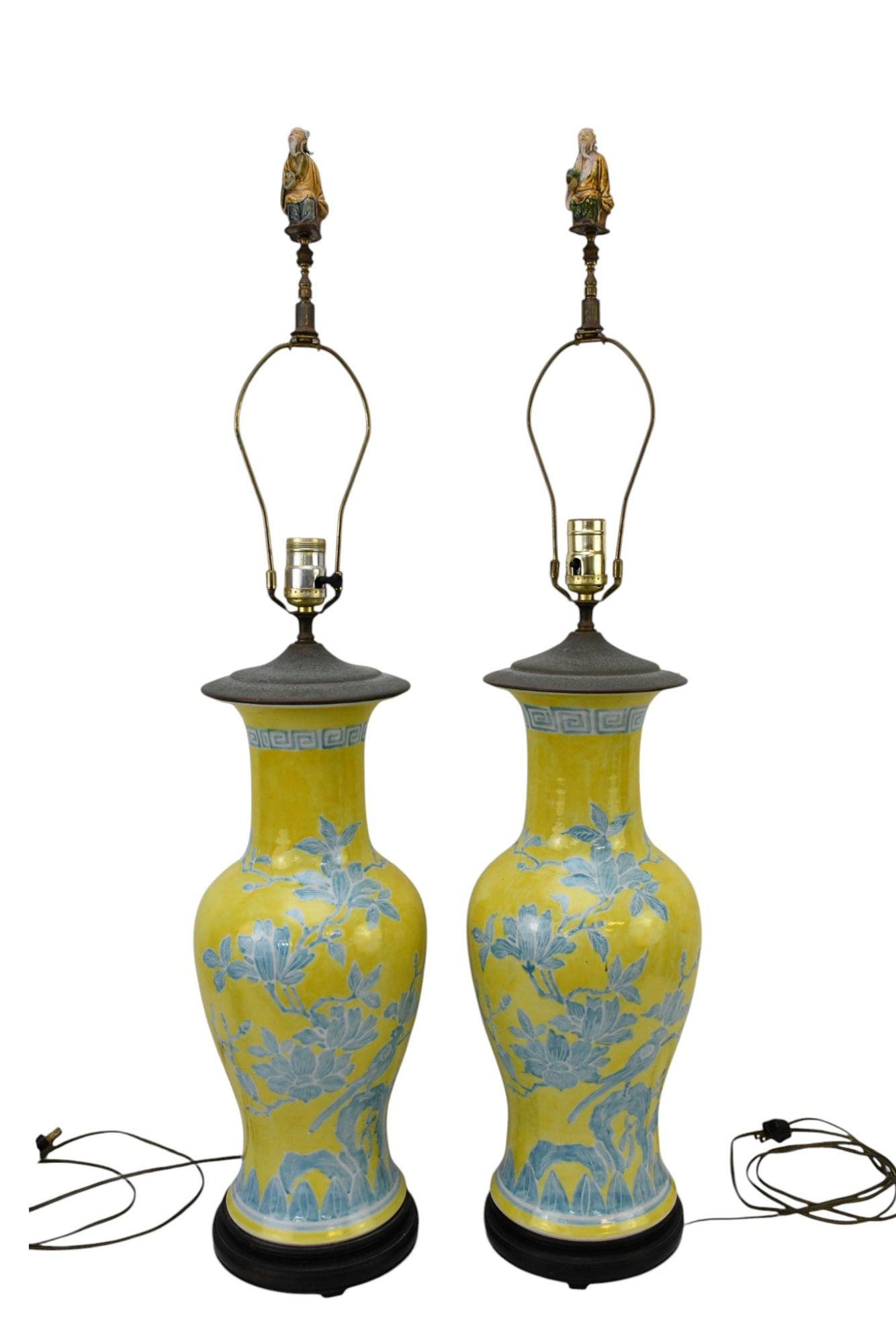 Pair 20th Century Chinese Style Lamps, Blue Birds, Flowers & Figures on Yellow Ground, 37"h x 9"w (1 of 7)