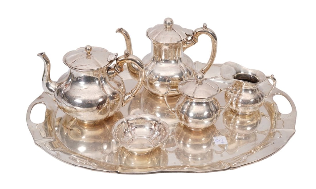 6 Pc. Sterling "925" Tea Set with Matching Tray, Made in Mexico, Signed, Teapot, Coffee Pot, (1 of 8)