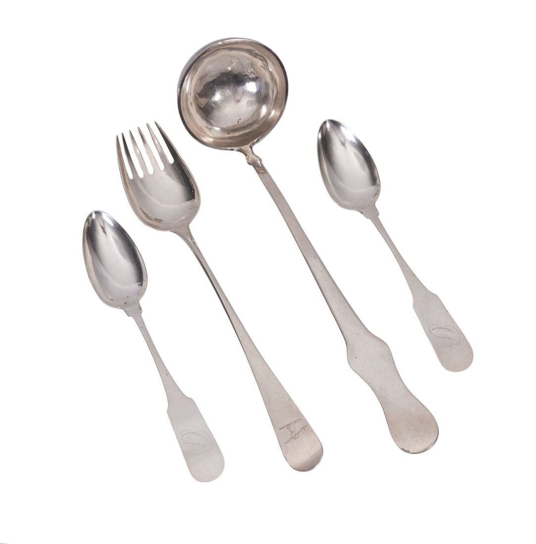 4 pcs. Silver Serving Pcs, Ladle "800" Silver (13"L), 2 Coin Silver Spoons and Sterling Silver Fork, (1 of 8)